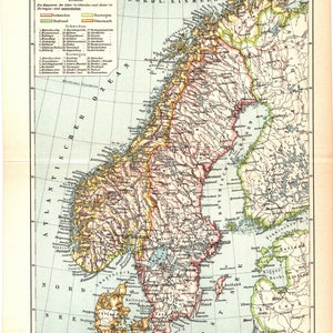 Original 1897 Antike lithographie print landkarte Schweden Norwegen Finnland europäisch nordisch Atlantik meer Skandinavien Halbinsel Mayen art
