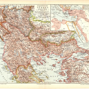 Original 1897 Antiker Farblithographiedruck einer schönen Karte der Balkanhalbinsel, Bosnien, Bulgarien, der Türkei, Griechenland