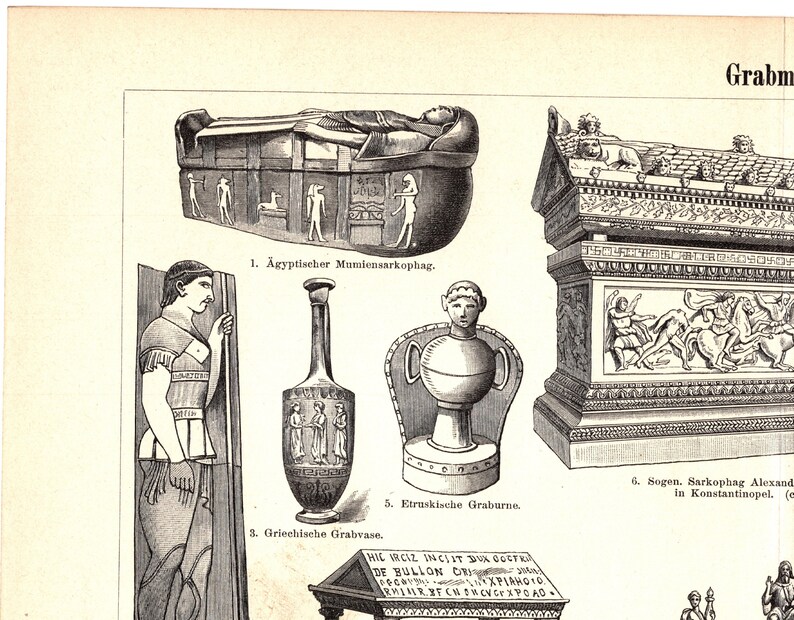 Original 1897 Antique Colour Lithography Print of Ancient Tombs ...