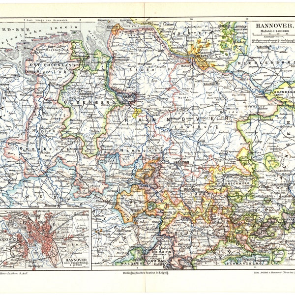 Original 1893 Antike lithographie print Landkarte Hannover Schleswig Holstein Braunschweig und Oldenburg Deutschland Hannover Niedersachsen Hamburg