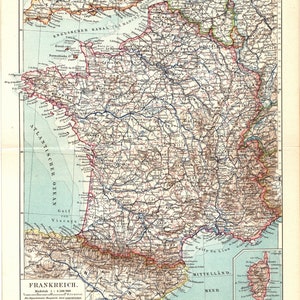 Original 1907 Antike lithographie drucken historische landkarte von Frankreich Mittelmeer Ärmelkanal Nordsee Rhein Belgien Luxemburg