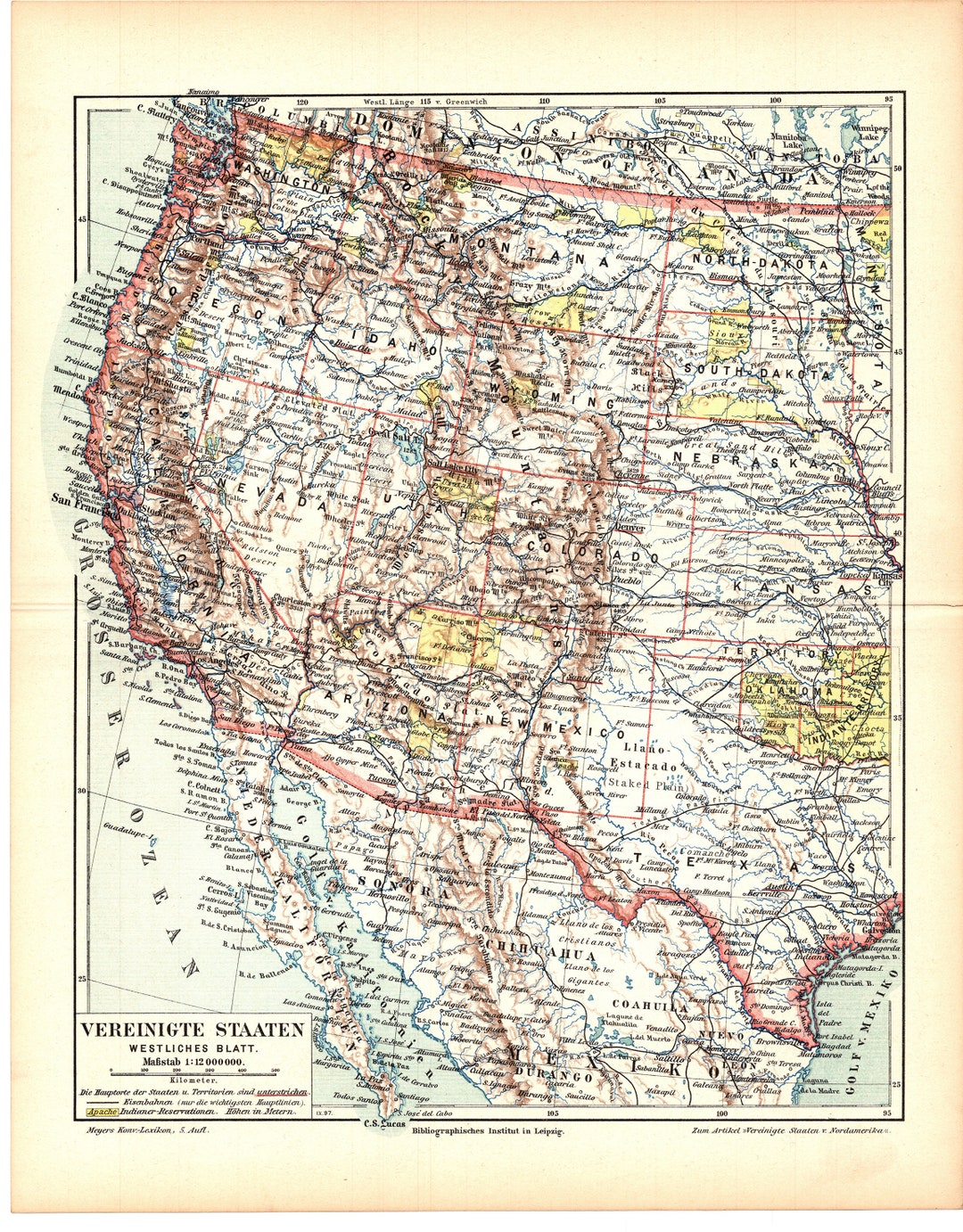 Original 1897 Antique Colour Lithography Print Beautiful Map the USA ...