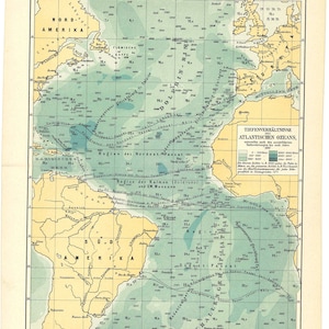 Original 1897 Antique Color lithographie carte imprimée belle carte profondeurs de l’océan Atlantique Mariana Trench New World North South Challenger