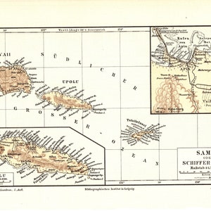 Mappa originale con stampa litografia a colori anticata del 1897 del bellissimo paese delle Isole Samoa Apia Sud Pacifico Polinesia Oceania arte