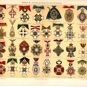 Original 1897 Antique Color lithographie impression Médailles du monde entier Orden service Award bijoux récompense militaire décoration état courage