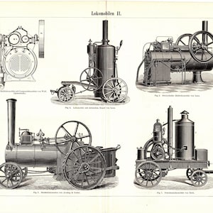 May include: A black and white illustration of four different steam-powered engines. The engines are labelled with their names and manufacturers. The image is from a book titled "Lokomobilen II."