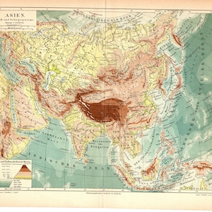 Original 1893 Antiker Farblithographiedruck einer physischen geographischen Karte Asien Russland Sibirien China Indien Europa Afrika Japan Nordpol