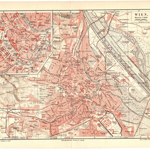 Original 1888 Impresión litográfica en color antigua Mapa histórico Centro de Viena Capital Austria Alemán Austrohúngaro WW Beethoven Mozart Freud