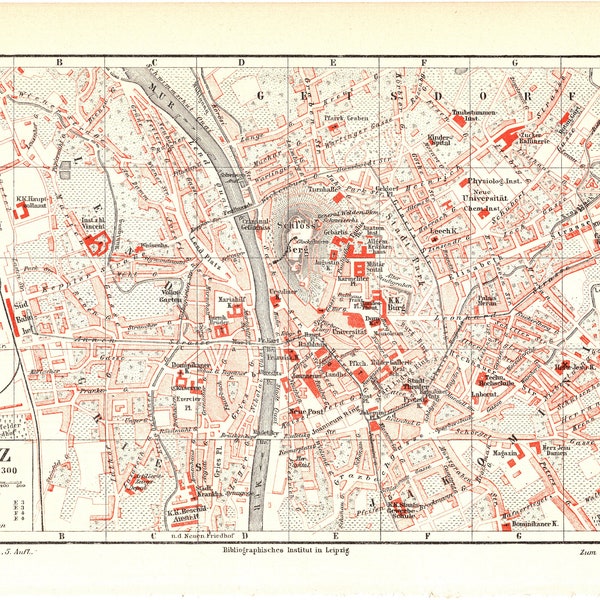 Original 1897 Antique Colour lithography print map of the beautiful city Graz Austria Styria Vienna Altstadt Brunnen River Mur Scholossberg