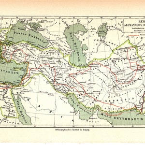Impression lithographie originale couleur ancienne de 1893 d'une carte d'une belle carte de la ville du royaume d'Alexandre le Grand, empire perse