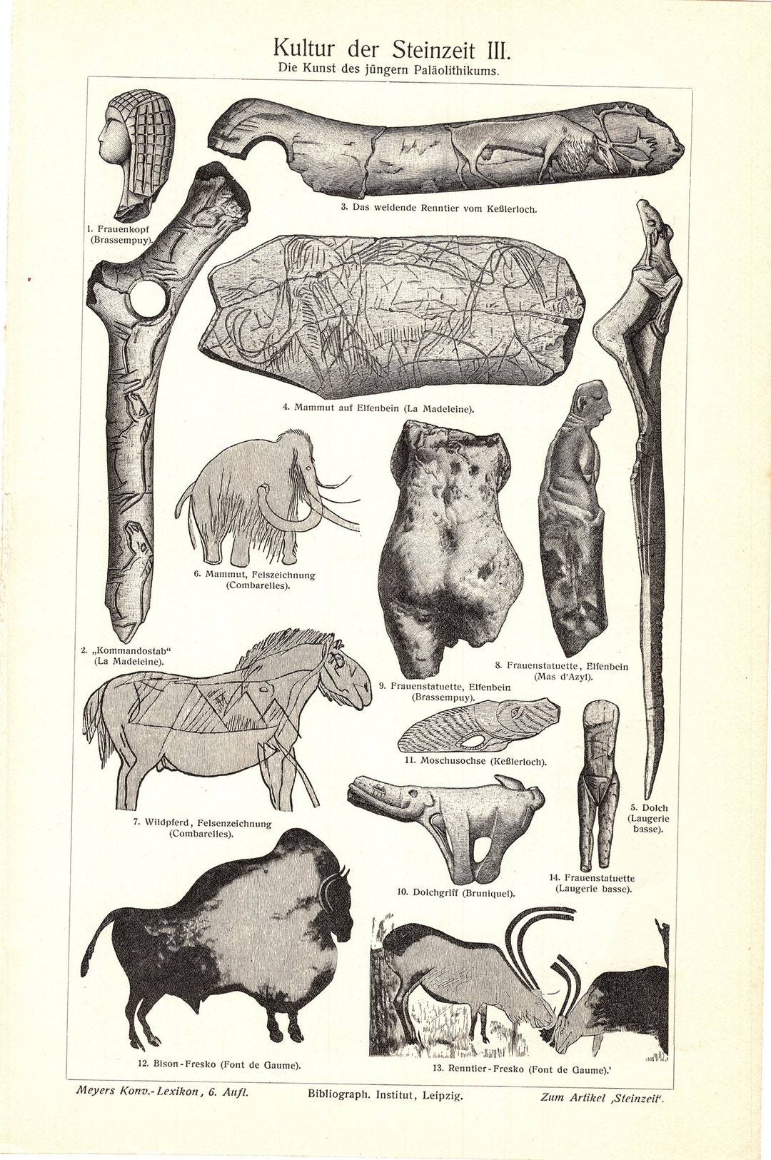 Original 1908 Antique Colour Lithography Print of Stone Age Group ...