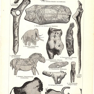 Puede incluir: Ilustración en blanco y negro de arte paleolítico, con diversas tallas y esculturas. Se representan figuras de animales, formas humanas y diseños abstractos, como un bisonte, un mamut y un reno. La imagen muestra artefactos de la Edad de Piedra.