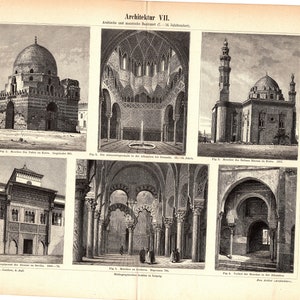 Original 1897 Antike Farb Lithographie-Druck von verschiedenen Gebäuden der arabischen und maurischen Architektur 7.14.Jahrhundert Architektur