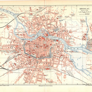 1893 Antiker Lithographie-Druck einer schönen Karte der historischen Stadt Breslau Breslau Polen Europa Oder Burgerwerder