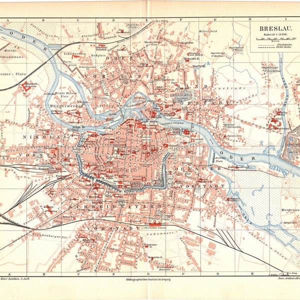 Original 1893 Antique Color lithography print of a beautiful map of the historical city of Breslau Wroclaw Poland Europe Oder Burgerwerder