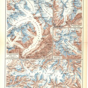 Impresión litográfica en color antigua original de 1894 de un hermoso mapa histórico de un glaciar: masa de hielo que se mueve lentamente cerca de los polos