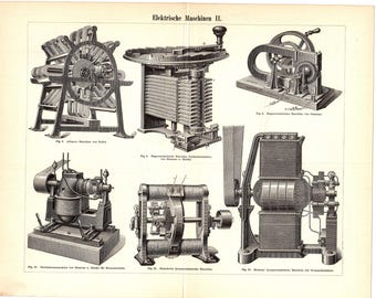 Original 1898 Antique Colour lithography print of the electric machines motor generator transformer alternator dynamo solenoid