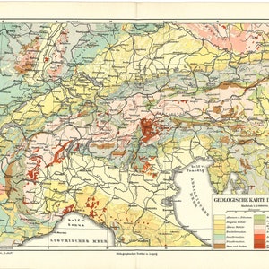 Original 1894 Antike Farblithografie Karte von Alpen Italien Österreichisch Swiss Geographic Französische Geographie Gelände Gebirge