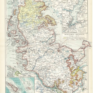Original 1897 Antiker Lithographie-Farbdruck der schönen Karte von Schleswig-Holstein Deutschland Jütland Halbinsel Friesland Dänemark