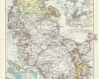 Original 1897 Antique Colour lithography print of beautiful map of Schleswig-Holstein Germany Jutland peninsula Kiel Frisian Danish Denmark