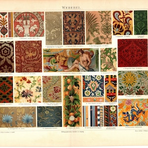 May include: A vintage illustration showcasing 24 diverse textile patterns. The patterns are displayed in a grid format, featuring floral, geometric, and animal designs. The patterns are presented in a range of colours, including red, green, blue, yellow, and white.
