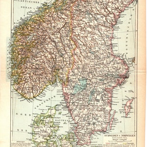 Original 1897 Antike lithographie print landkarte Schweden Norwegen Finnland europäisch nordisch Atlantik meer Skandinavien Halbinsel Mayen art