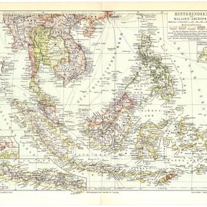 Original 1905 Antique colour lithography print of beautiful map of the Indochinese peninsula Malay archipelago Cebuano Javanese East Indies