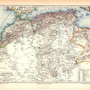 Original 1893 Antike Farblithografie Afrikanische Karte von Nordafrika Algerien, Marokko, Tunesien, Libyen