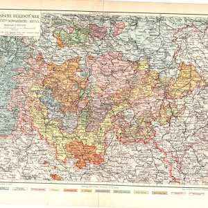 Original 1897 Antiker Lithographie Farbdruck der Karte von deutschen Provinzen in Thüringen Bundesland Thüringen Deutschland Europäische Städte