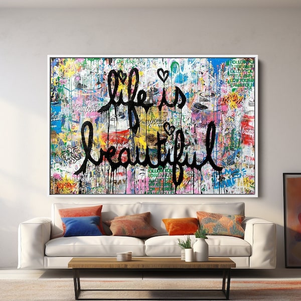 Life Is Beautiful Große Leinwand Wandkunst, Inspirierende Wandkunst, Graffiti Wandkunst, Zeitgenössisches Dekor, Moderne Kunst, Life Is Beautiful Design