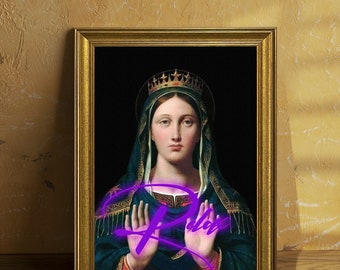 Jungfrau Maria Vintage gerahmte Wandkunst, Heilige Mutter Maria Reproduktion Fotografie, stimmungsvolles Dekor, Renaissance Reproduktion Retro UV Druck