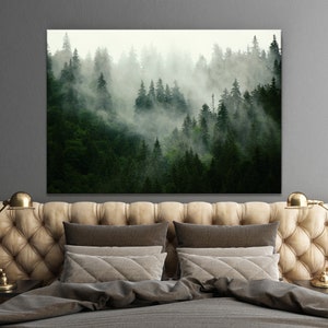 Foggy forest wall art Spruce forest wall decor Mountain forest canvas print Nature artwork