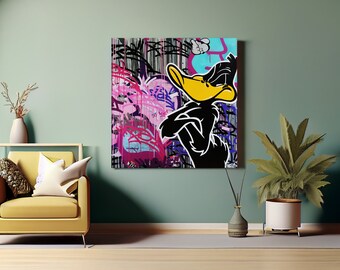 Urban Design Daffy Duck Pop Art Graffiti Canvas Print, Banksy Art, Daffy Duck Graffiti, Street Graffiti Wall Art, Daffy Duck Square Canvas