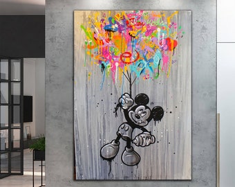 Decoración abstracta de la pared del lienzo de Mickey Mouse, cartel de Banksy, arte de Mickey Mouse, lienzo de graffiti de Banksy, impresión de Mickey Mouse