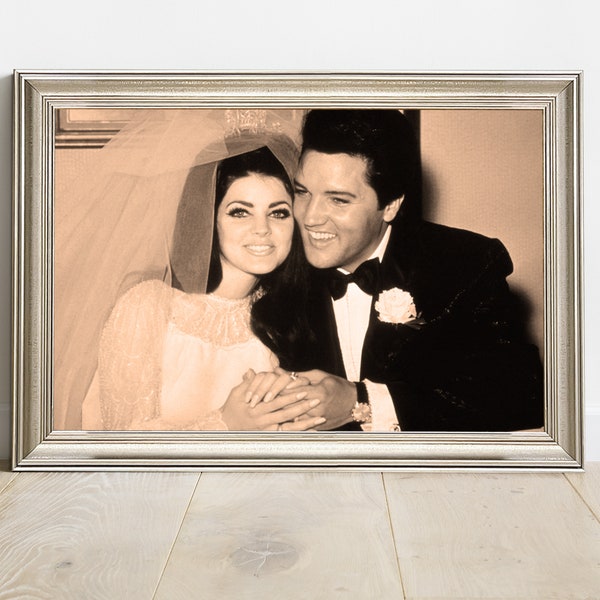 Elvis Presley Smiling with Bride Priscilla Vintage Framed Wall Art, Black And White Or Sepia Photography, Retro Uv Print