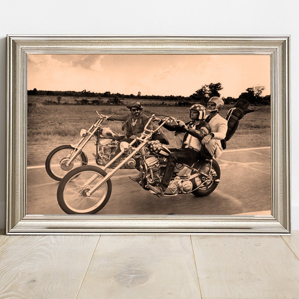 Easy Rider; Dennis Hopper, Peter Fonda And Jack Nicholson Vintage Framed Wall Art, Black And White Or Sepia Photography, Retro UV Print