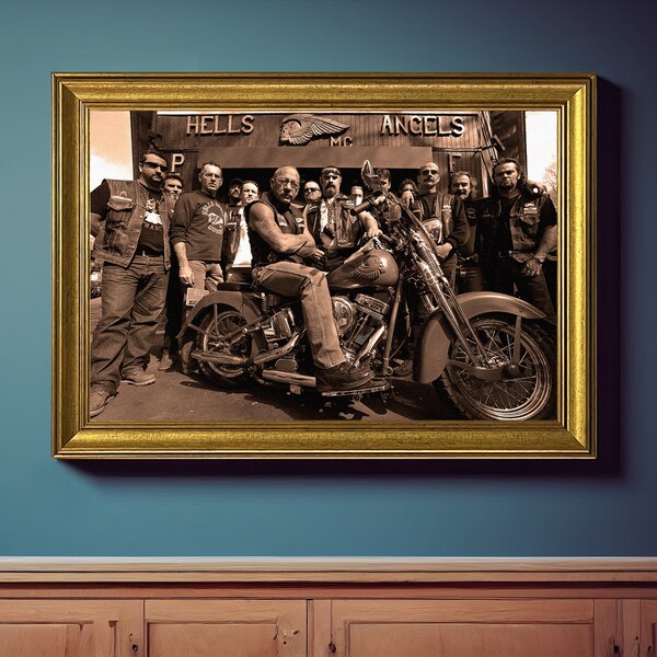 Art mural encadré vintage Sonny Barger & Hells Angels, photographie noir et blanc ou sépia, impression UV rétro