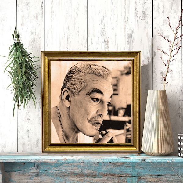 Cesar Romero applying his Joker makeup, circa 1967 Framed Wall Art, Black And White Or Sepia Photography, Retro UV Print