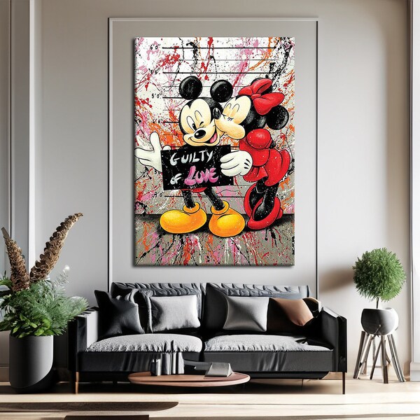 Guilty of Love Mickey and Minnie Mouse Canvas Wall Art, Banksy Style Pop Art, Mickey Mouse Street Graffiti Wall Art, Mickey Gift