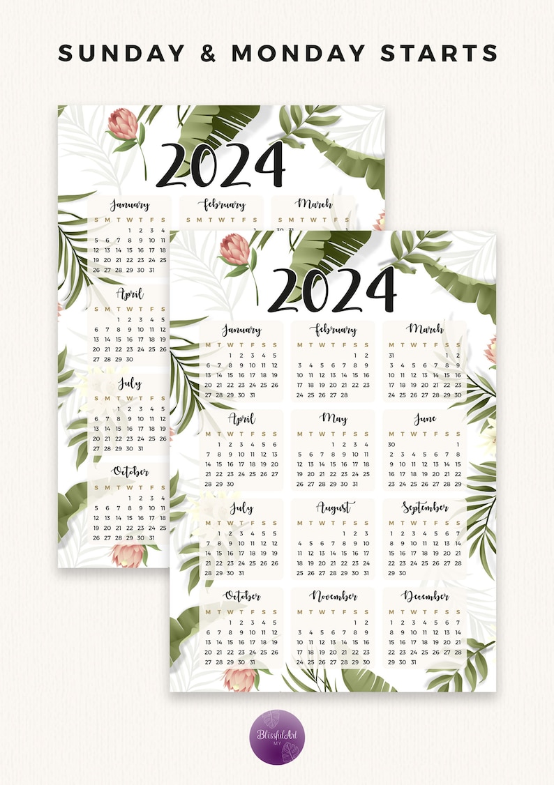 2024 Year Calendar Printable Yearly Wall Calendar Sunday & Etsy