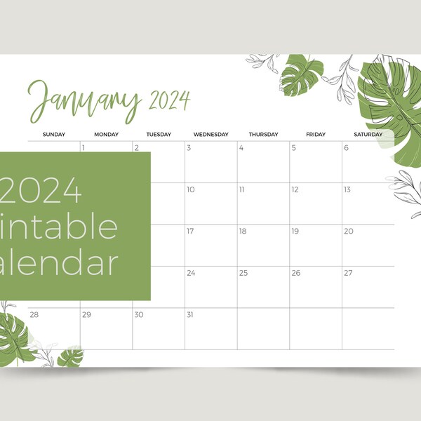 2024 Calendar printable, Green Leaves Calender, Calendar for 2024, Monthly Planner, A4 Size, Letter Size