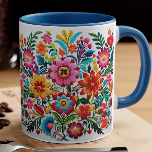 Colorful Mexican Flower Mug - Unique  Ceramic Cup, 11oz