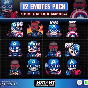 Könnte beinhalten: Ein Set mit 12 digitalen Emojis, die eine Chibi-Version von Captain America in verschiedenen Posen und Ausdrücken zeigen. Die Emojis sind für die Verwendung auf Twitch, Discord und anderen Online-Plattformen konzipiert. Die Emojis beinhalten "AGG", "Hype", "Lurk", "ALOL", "RIP" und mehr.