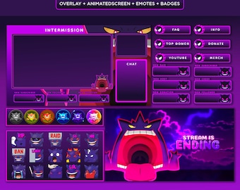 Gengar Twitch Stream Pack | haunter ghost Twitch Overlay | Twitch Panels | Screens | Animated Screens | Overlay | Emotes badges twitch