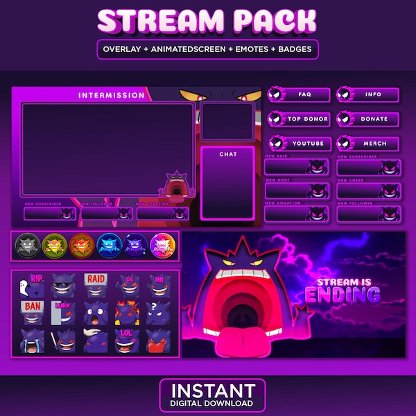 Gengar Twitch Stream Paket | hauer Geist Twitch Overlay | Twitch Panels | Schirme | Animierte Bildschirme | Überlagerung | Emotes Abzeichen zucken
