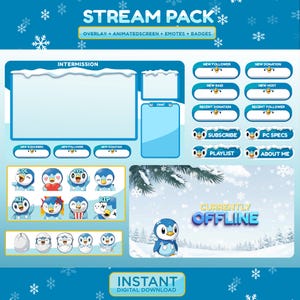 Peut inclure: Un pack de stream numérique sur le thème de l'hiver. Le pack comprend des overlays, des écrans animés, des émoticônes et des badges. Le design présente un code couleur bleu et blanc avec des personnages de pingouins et le texte "STREAM PACK". Téléchargement numérique instantané.