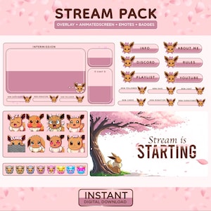 Peut inclure: Un pack de stream numérique rose avec superposition, écran animé, émoticônes et badges. Le pack comprend divers graphiques, dont un cerisier en fleurs, des personnages Eevee et le texte "Stream is Starting".