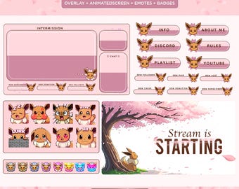 eevee Twitch Stream Pack | sakura pink spring Twitch Overlay | Twitch Panels | Screens | Animated Screens | Overlay | Emotes badges twitch