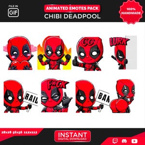 8 Animated Emotes Chibi Dead Pool Twitch ,Discord ,Youtube | emotes ,Superhero emote, | emote, cute emote, chibi emote GIF