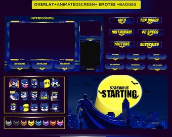Bat Night Twitch Stream Pack | Superhero Twitch Overlay | Twitch Panels | Screens | Animated Screens | Overlay | Emotes badges twitch|